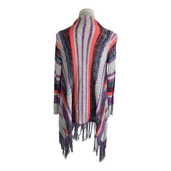 Exhilaration Womens Sweater Adult  XL (18) Gray Purple Fringe Stripes Open Front - Picture 2 of 7